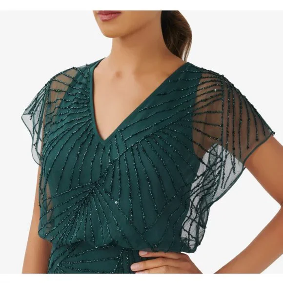 Beaded Long Gown with Flutter Sleeves in Emerald - Mother of the Bride Dress - Picture 3 of 6